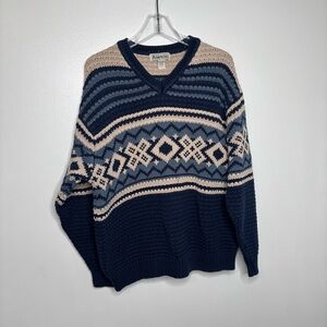 Vintage Aeropostale 90s Chunky Knit V-Neck Sweater Blue Tan Geometric Mens L